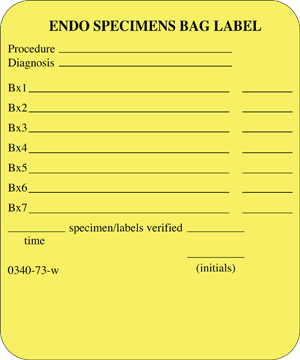 Lab Communication Label (Paper, Permanent) Endo Specimens Bag 5"x6" Fluorescent Yellow - 250 per Roll