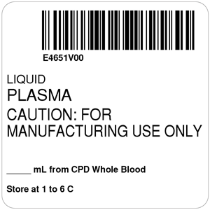 ISBT 128 Label (Synthetic, Permanent) "Plasma Caution:'' 2"x2" White - 500 per Roll