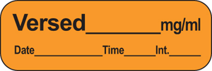 Anesthesia Label with Date, Time & Initial (Paper, Permanent) Versed mg/ml Date 1 1/2" x 1/2" Orange - 600 per Roll