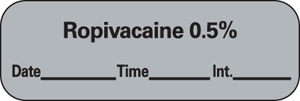 Anesthesia Label with Date, Time & Initial (Paper, Permanent) Ropivacaine 0.5% 1 1/2" x 1/2" Gray - 600 per Roll
