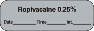 Anesthesia Label with Date, Time & Initial (Paper, Permanent) Ropivacaine 0.25% 1 1/2" x 1/2" Gray - 600 per Roll