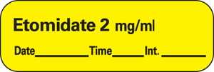 Anesthesia Label with Date, Time & Initial (Paper, Permanent) Etomidate 2 mg/ml 1 1/2" x 1/2" Yellow - 600 per Roll