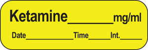 Anesthesia Label with Date, Time & Initial (Paper, Permanent) Ketamine mg/ml 1 1/2" x 1/2" Yellow - 600 per Roll