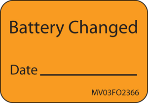 Label Paper Removable Battery Changed, 1" Core, 1 7/16" x 1", Fl. Orange, 666 per Roll