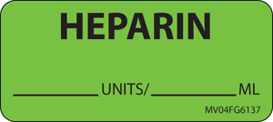 Label Paper Removable Heparin Units/ ml, 1" Core, 2 1/4" x 1", Fl. Green, 420 per Roll
