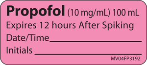 Label Paper Removable Propofol (1"0 mg/ml) 1 Core 2 1/4" x 1", Fl. Pink, 420 per Roll