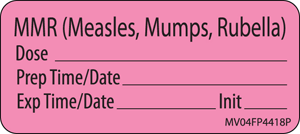 Label Paper Permanent MMR (Measles, Mumps, Rubella), 1" Core, 2 1/4" x 1", Fl. Pink, 420 per Roll