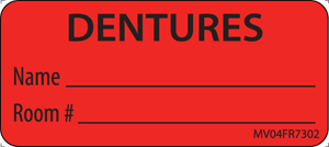 Label Paper Permanent Dentures Name Room# 1" Core 2 1/4"x1 Fl. Red 420 per Roll