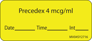 Label Paper Permanent Precedex 4 mcg/ml, 1" Core, 2 1/4" x 1", Yellow, 420 per Roll