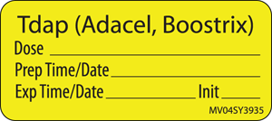Label Paper Permanent Tdap (Adacel, Boostrix), 1" Core, 2 1/4" x 1", Yellow, 420 per Roll