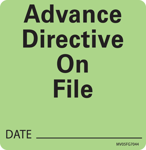 Label Paper Removable Advance Directive On, 1" Core, 2 7/16" x 2 1/2", Fl. Green, 400 per Roll