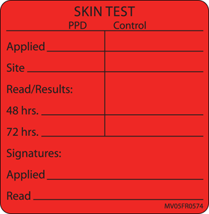 Label Paper Permanent Skin Test PPD, 1" Core, 2 7/16" x 2 1/2", Fl. Red, 400 per Roll