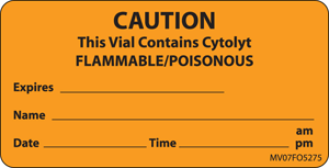 Label Paper Removable Caution This Vial, 1" Core, 2 15/16" x 1", 1/2", Fl. Orange, 333 per Roll