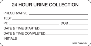 Label Paper Removable 24 Hour Urine, 1" Core, 2 15/16" x 1", 1/2", White, 333 per Roll