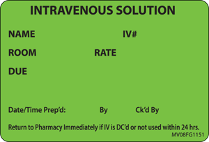 Communication Label (Paper, Removable) Intravenous 2" 15/16" x 2 Fluorescent Green - 333 per Roll