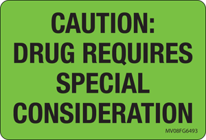 Label Paper Removable Caution: Drug, 1" Core, 2" 15/16" x 2, Fl. Green, 333 per Roll