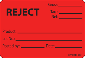 Label Paper Permanent Reject Gross Tare, 1" Core, 2" 15/16" x 2, Fl. Red, 333 per Roll