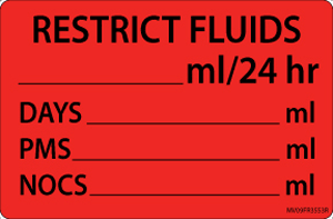 Label Paper Removable Restrict Fluids, 1" Core, 4" x 2 5/8", Fl. Red, 375 per Roll