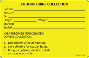 Label Paper Permanent 24 Hour Urine 1" Core 4x2 5/8" Yellow 375 per Roll