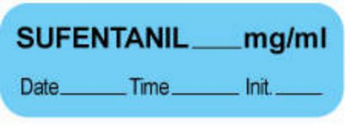 Anesthesia Label with Date, Time & Initial (Paper, Permanent) Sufentanil mg/ml 1 1/2" x 1/2" Blue - 1000 per Roll