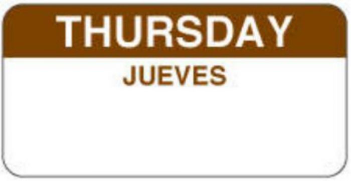 Label Paper Permanent Thursday Jueves 2" x 1", White with Brown, 1000 per Roll