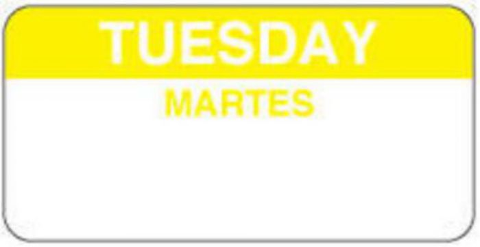 Label Paper Permanent Tuesday Martes 2" x 1", White with Yellow, 1000 per Roll