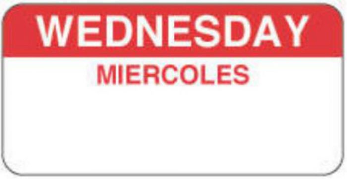 Label Paper Permanent Wednesday Miercoles 2" x 1", White with Red, 1000 per Roll