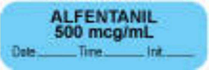 Anesthesia Label with Date, Time & Initial (Paper, Permanent) "Alfentanil 500 mcg/ml" 1 1/2" x 1/2" Blue - 1000 per Roll
