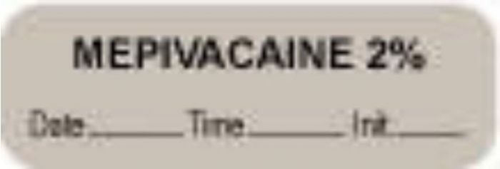 Anesthesia Label with Date, Time & Initial (Paper, Permanent) "Mepivacaine 2%" 1 1/2" x 1/2" Gray - 1000 per Roll