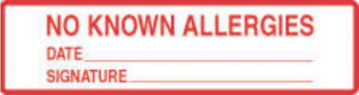 Label Paper Removable No Known Allergies 5 3/8" x 1", 3/8", White with Red, 500 per Roll