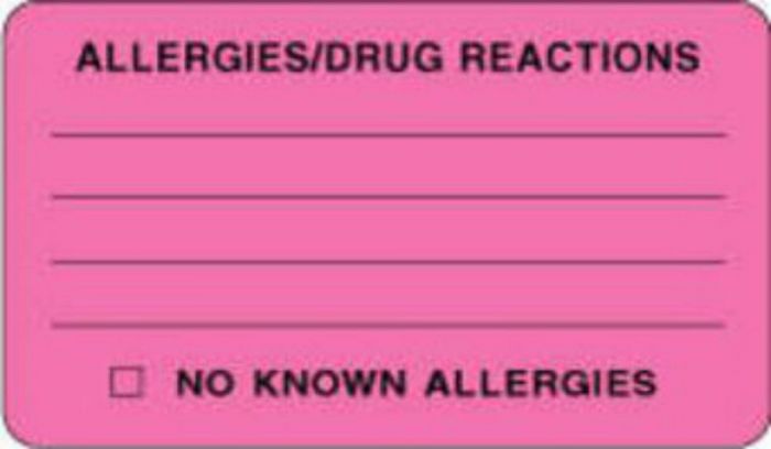 Label Paper Permanent Allergies/drug React  3"x1 3/4" Fl. Pink 500 per Roll