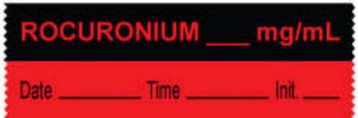 Anesthesia Tape with Date, Time & Initial (Removable) Rocuronium mg/ml 1/2" x 500" - 333 Imprints - Fluorescent Red and Black - 500 Inches per Roll