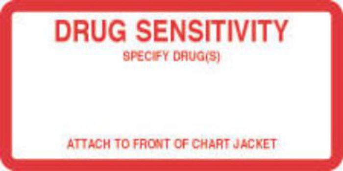 Label Paper Permanent Drug Sensitivity 1 1/2" Core 4 1/2"x2 1/4" White with Red 500 per Roll