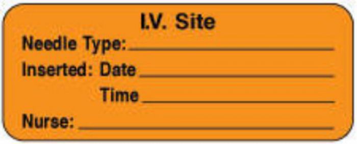 Label Paper Permanent IV Site Needle, 2 1/4" x 7/8", Fl. Orange, 1000 per Roll