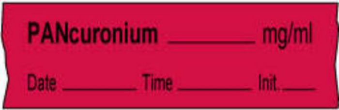 Anesthesia Tape with Date, Time & Initial | Tall-Man Lettering (Removable) Pancuronium mg/ml 1/2" x 500" - 333 Imprints - Fluorescent Red - 500 Inches per Roll