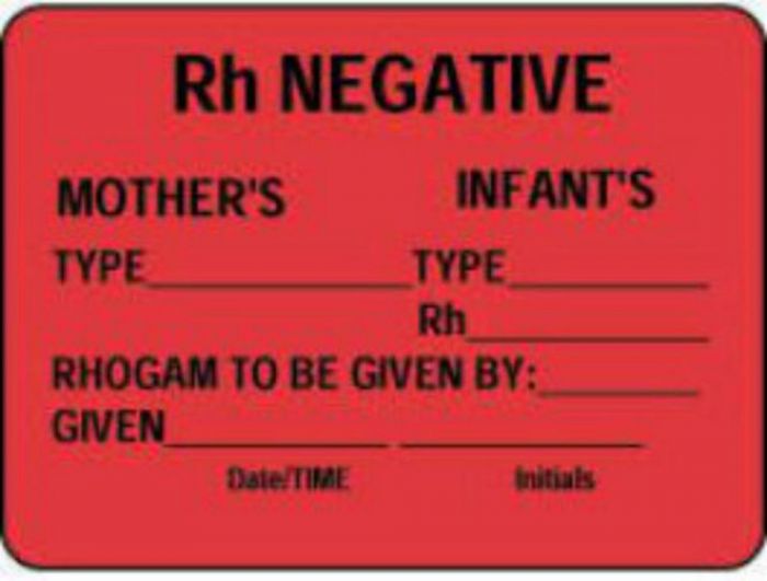 Label Paper Permanent RH Negative Mothers 2 3/8" x 1", 3/4", Fl. Red, 1000 per Roll