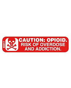 Warning Label "CAUTION: OPIOID Risk of Overdose and Addiction" 1-9/16" x 3/8", Red with White Text, Permanent, 500 per Roll, 2 Rolls per Box