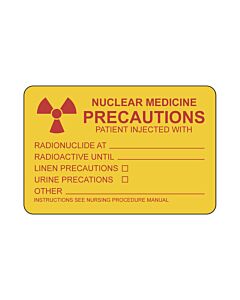 Hazard Label (Paper, Permanent) Nuclear Medicine  3"x2" Yellow - 500 Labels per Roll