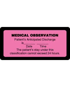 Label Paper Removable Medical Observation 1 1/2" Core 3 15/16" x 1", 7/8", Pink with Black 500 per Roll