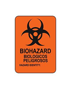 Hazard Label (Paper, Permanent) Biohazard Biologicos 2 1/2"x3 1/2" Fluorescent Orange - 500 Labels per Roll
