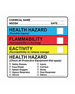 Hazard Label (Paper, Permanent) Chemical Name  4"x4 White - 250 Labels per Roll