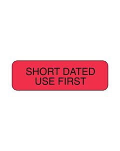 Lab Communication Label (Paper, Permanent) Short Dated Use First  1 1/4"x3/8" Fluorescent Red - 1000 per Roll