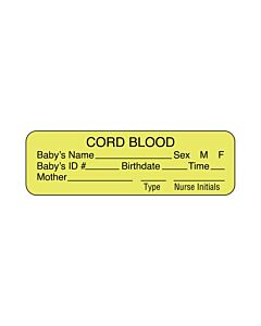 Lab Communication Label (Paper, Permanent) Cord Blood Babys  2 7/8"x7/8" Fluorescent Yellow - 1000 per Roll