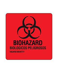 Hazard Label (Paper, Permanent) Biohazard Biologicos  3"x3 Fluorescent Red - 500 Labels per Roll