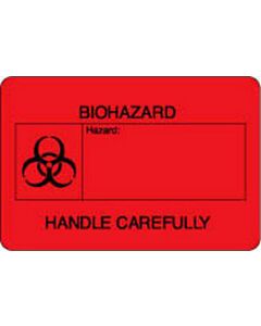 Hazard Label (Paper, Permanent) Biohazardhazard:  3"x2" Fluorescent Red - 500 Labels per Roll
