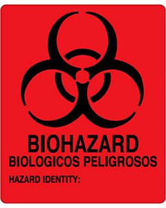 Hazard Label (Paper, Permanent) Biohazard Biologicos  5"x6" Fluorescent Red 10 per Package