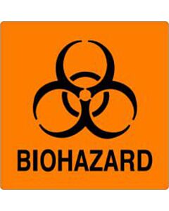 Hazard Label (Paper, Permanent) Biohazard  6"x6 Fluorescent Orange - 50 Labels per Package