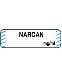 Anesthesia Label (Paper, Permanent) Narcan mg/ml 1 1/4" x 3/8" White with Blue - 1000 per Roll