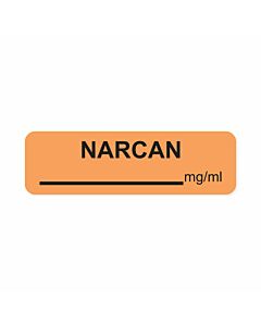 Anesthesia Label (Paper, Permanent) Narcan mg/ml 1 1/4" x 3/8" Fluorescent Orange - 1000 per Roll