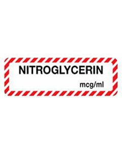 Anesthesia Label (Paper, Permanent) Nitroglycerin mcg/ml 1 1/2" x 1/2" White with Fluorescent Red - 1000 per Roll
